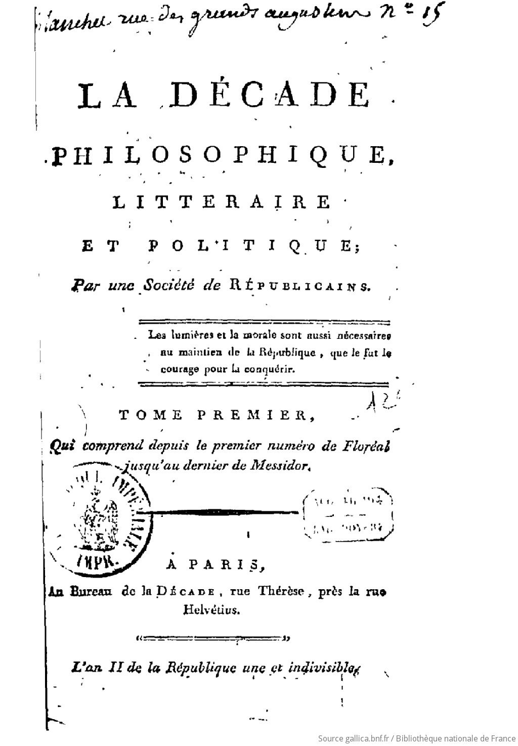 Титульный лист первого тома La Décade philosophique, littéraire et politique, II год Республики, 1794